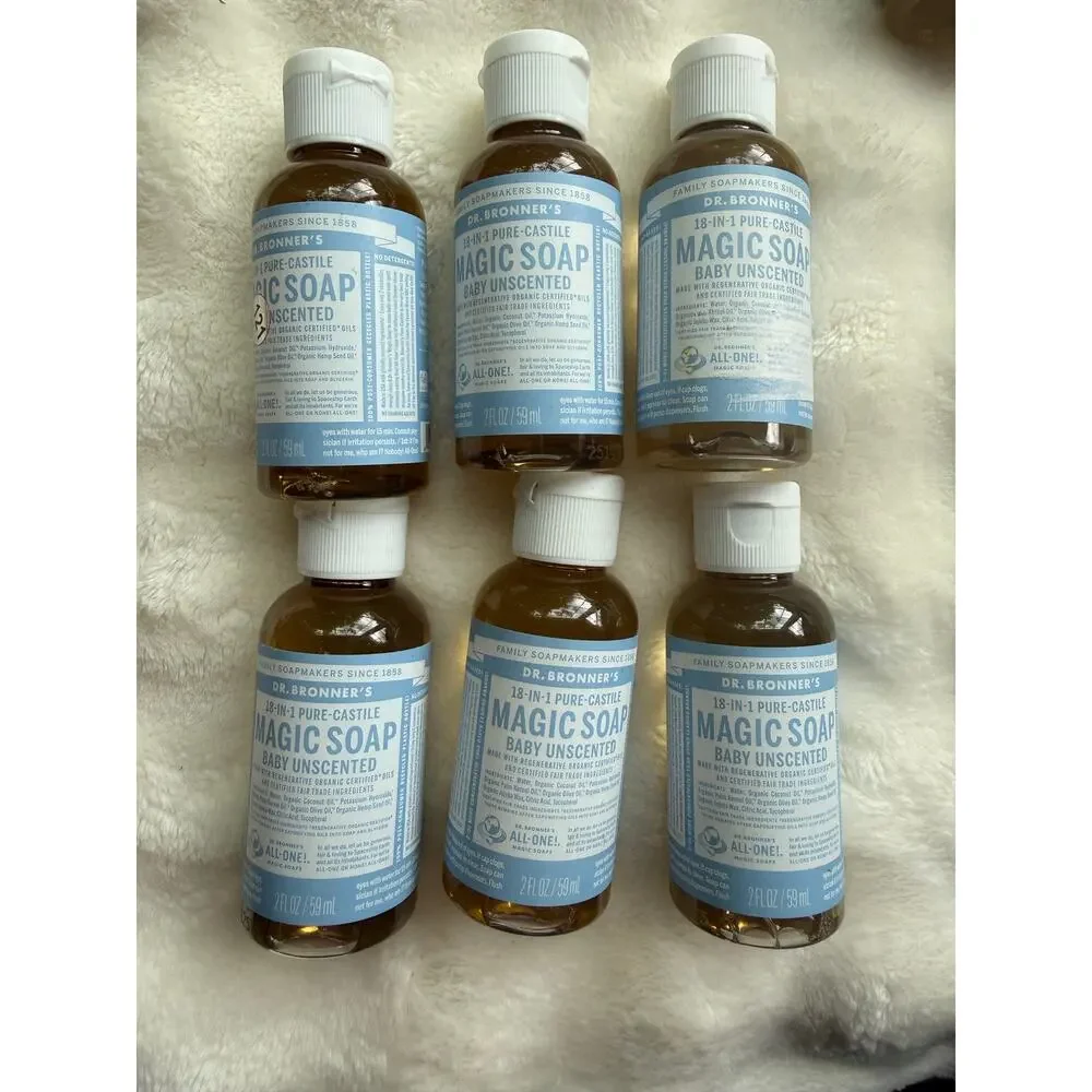 Lot of 6 Dr. Bronner’s Baby Unscented Pure-Castile Magic Soap 2 oz Travel Size